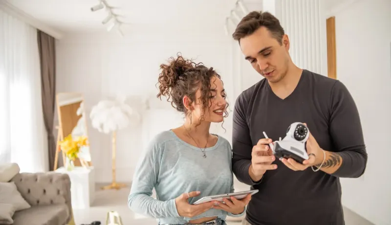 Couple moderne se familiarisant avec leur nouvelle caméra de sécurité Wi-Fi, assurant la protection de la maison.