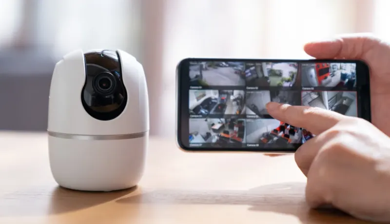 Technologie de surveillance domestique : écran de téléphone affichant un réseau de caméras, à côté d'une caméra de bureau.