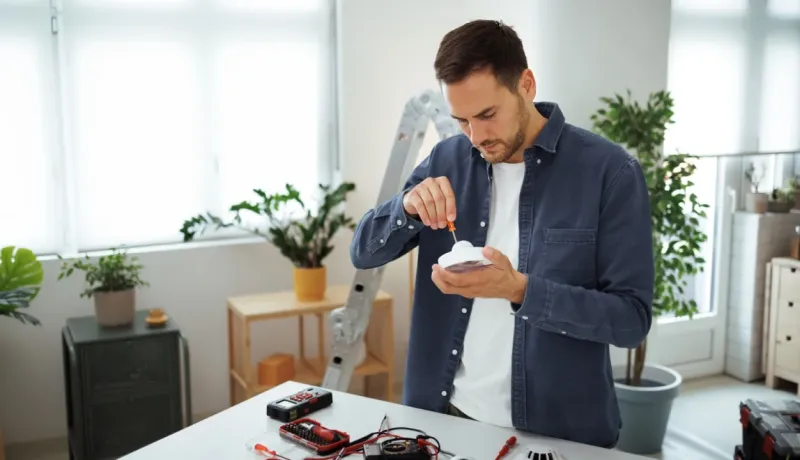 Jeune homme en chemise décontractée testant ou assemblant un petit appareil électronique, un détecteur de fumée.