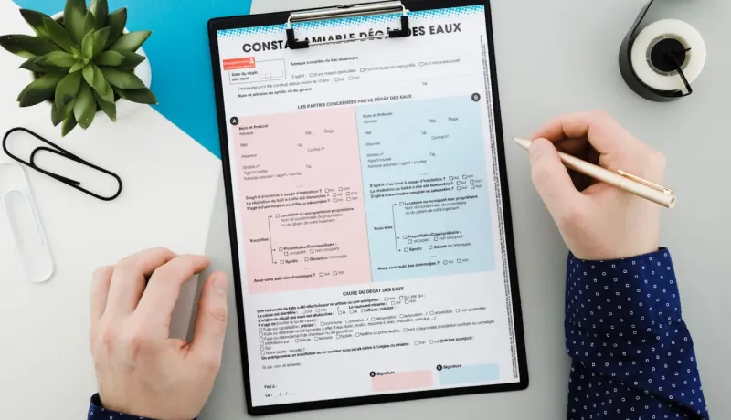 Deux mains sur un formulaire de "Constat amiable de dégâts des eaux" français, avec un stylo prêt à écrire.