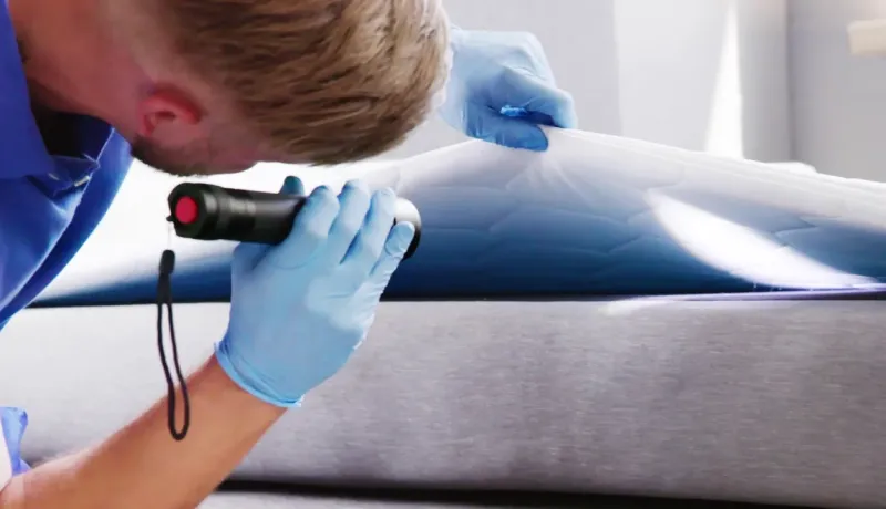 Un technicien en gants bleus inspecte un matelas avec une lampe de poche à la recherche de punaises de lit ou de dégâts.