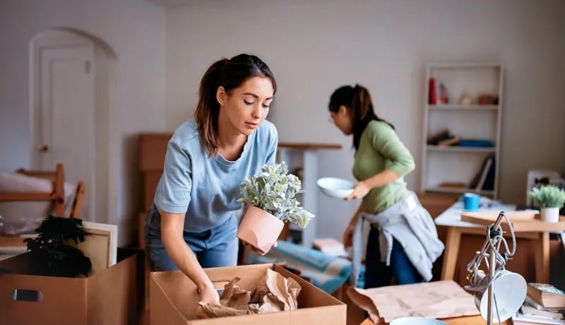 Deux femmes déballent ou emballent des affaires et des plantes dans des cartons pour un déménagement.