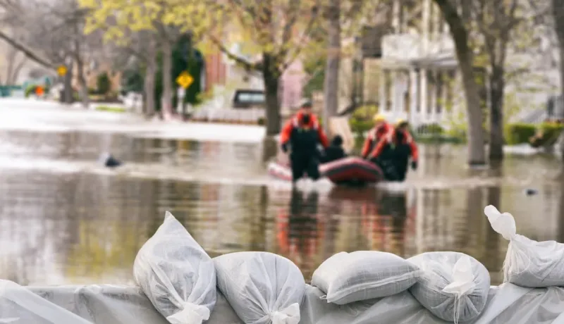 Rue inondée avec des sacs de sable au premier plan et des sauveteurs dans un canot pneumatique à l'arrière-plan flou.