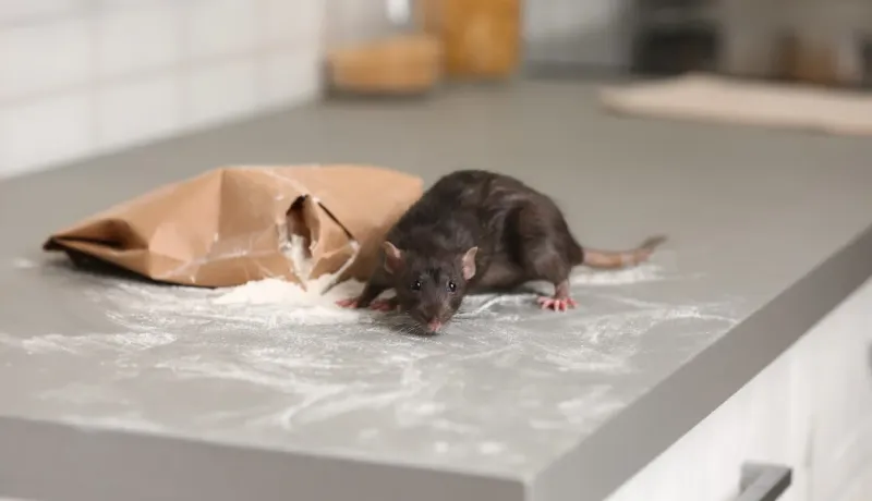 Rat brun foncé sur un comptoir de cuisine, mangeant de la farine sortie d'un sac en papier ouvert.