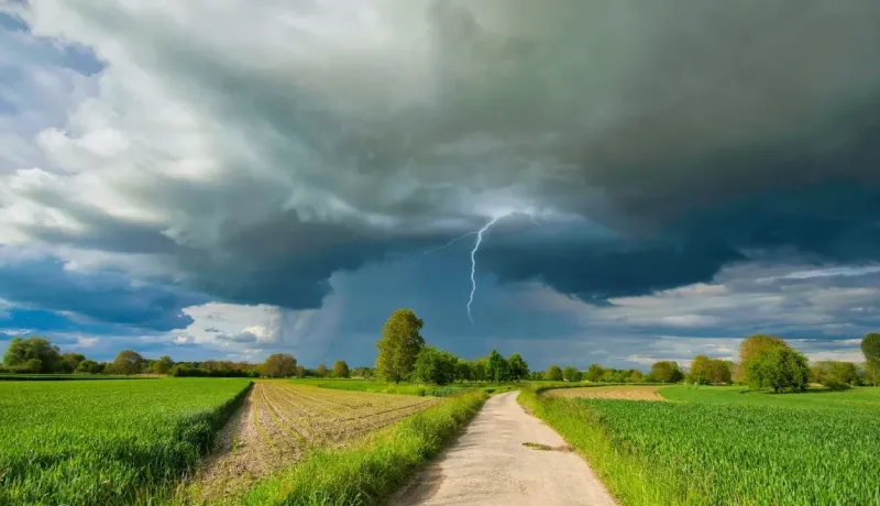 Éclair frappant à l'horizon sous un ciel d'orage sombre au-dessus d'un champ et d'une route de campagne.