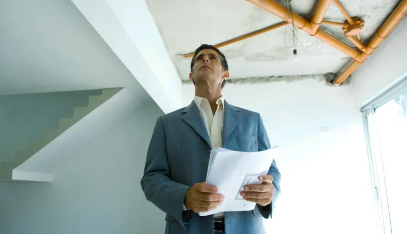 Un homme en costume, tenant des plans, lève les yeux vers un plafond brut avec des tuyaux exposés dans un bâtiment en construction.