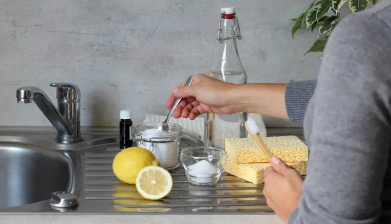 Une personne prépare des produits de nettoyage écologiques (bicarbonate, vinaigre, citron) au-dessus d'un évier.