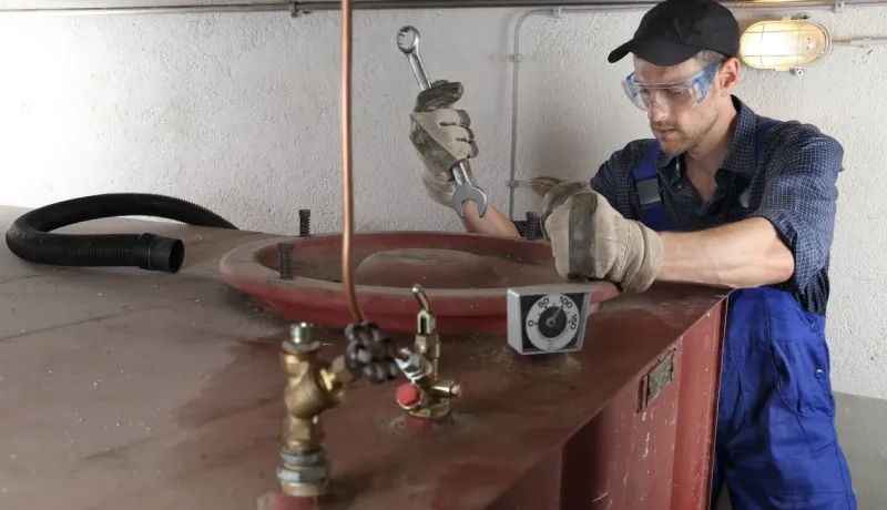 Un plombier ou chauffagiste en lunettes de protection et gants travaille sur le haut d'une chaudière ou d'un réservoir d'huile.