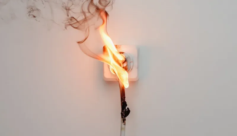 Prise électrique surchargée ou défectueuse sur un mur blanc, avec une flamme vive et de la fumée noire s'en échappant.