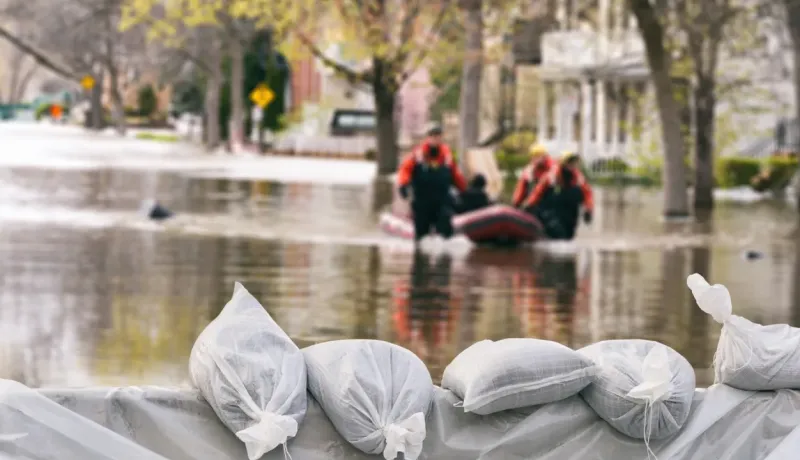 Barrière de sacs de sable en premier plan pour prévenir les inondations. Des sauveteurs en canot se tiennent en arrière-plan flou.