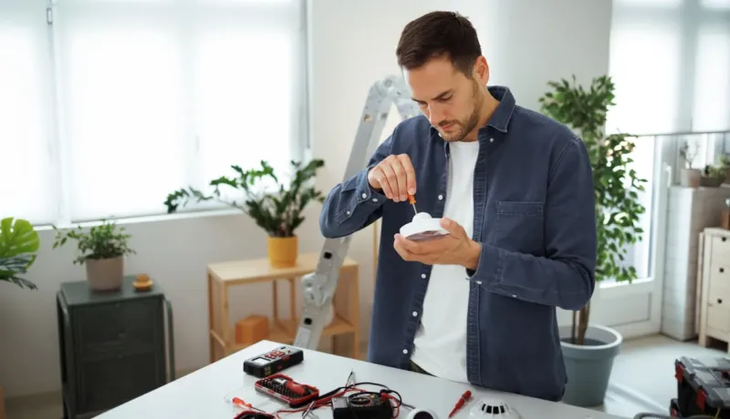 Un jeune homme répare ou installe un détecteur de fumée blanc sur une table remplie d'outils et d'appareils de mesure.