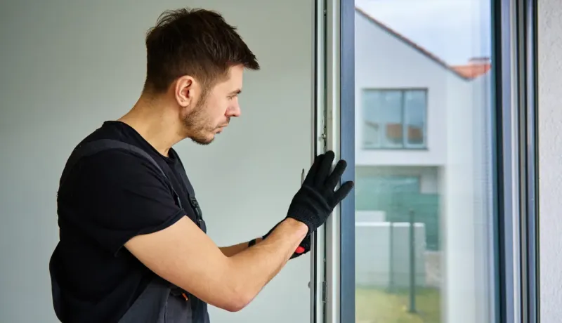 Gros plan d'un installateur de fenêtres ajustant le cadre d'une fenêtre moderne, le verre reflétant une maison à l'extérieur.