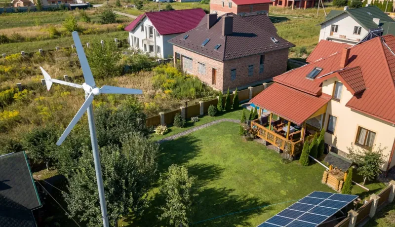 Vue aérienne d'une maison de banlieue avec une éolienne et des panneaux solaires, symboles d'énergie renouvelable.