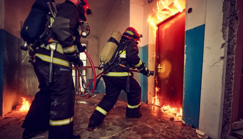 Deux pompiers masqués et équipés s'approchent d'une porte rouge embrasée, entourée de flammes dans un couloir sombre.