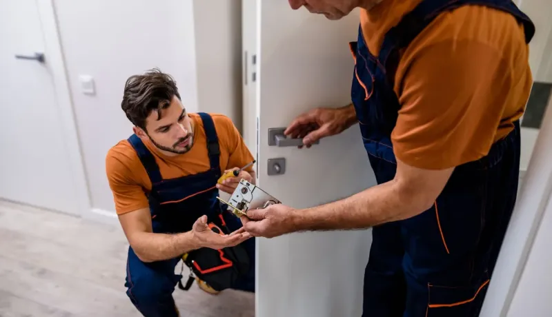 Deux serruriers en uniforme orange et bleu réparent une serrure de porte, l'un donnant la pièce à l'autre.