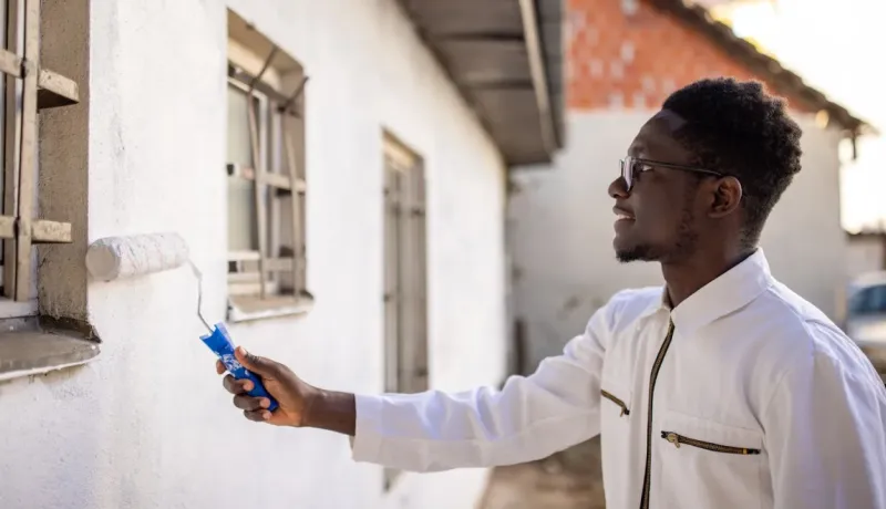 Jeune homme souriant en combinaison blanche peignant un mur extérieur blanc près d'une fenêtre à l'aide d'un rouleau.