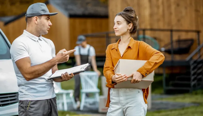 Un livreur en polo blanc et casquette montre un document à une cliente qui tient un carton, devant une maison en bois.