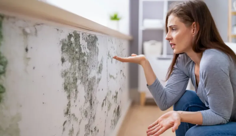 Une femme horrifiée montre du doigt une grande surface de moisissure noire et verte qui a envahi son mur intérieur.