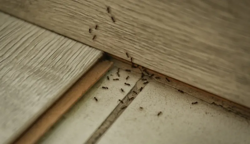 Gros plan sur une colonie de petites fourmis rampant le long de la plinthe et des joints d'un plancher en bois.