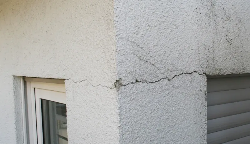 Fissure en zigzag sur le coin d'un mur extérieur crépi d'une maison, près d'une fenêtre.