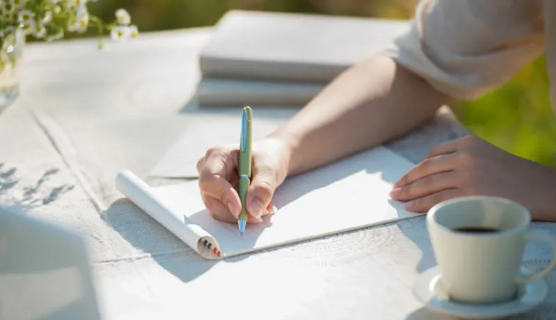 Main écrivant avec un stylo vert dans un carnet à l'extérieur, à côté d'une tasse de café et de fleurs.
