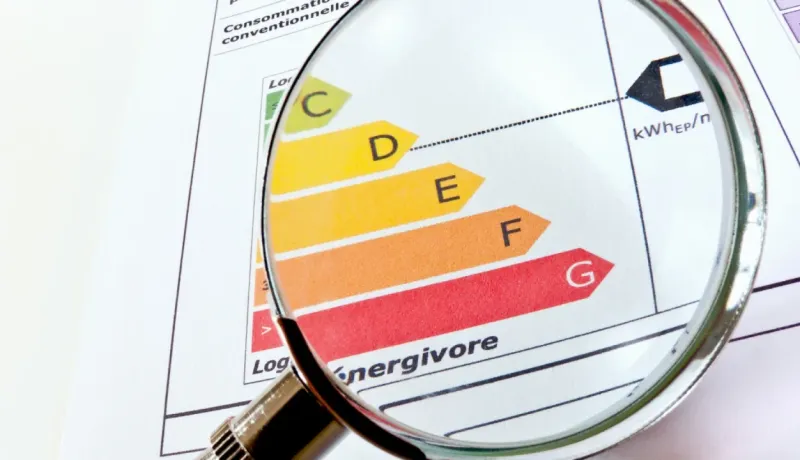 Loupe sur un Diagnostic de Performance Énergétique (DPE) d'un logement, montrant la classe "G" (Énergivore) en rouge.