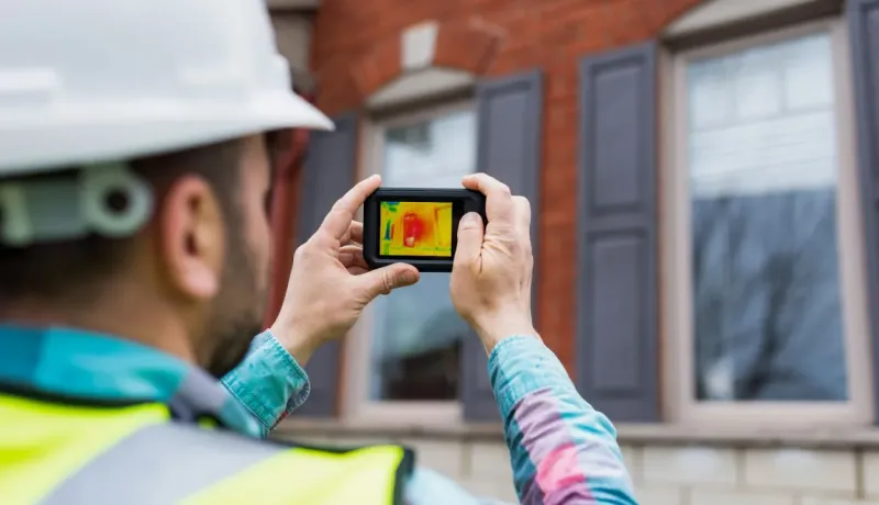 Technicien portant un casque et un gilet, prenant une photo d'une maison avec une caméra thermique.
