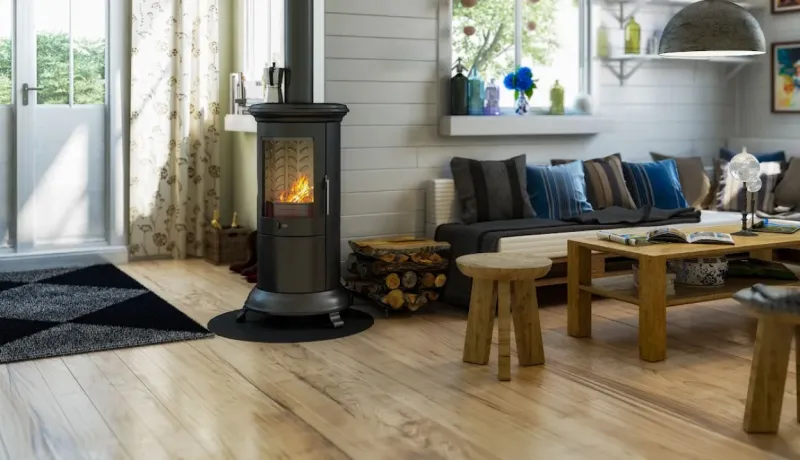 Intérieur de salon cosy avec un poêle à bois allumé, des bûches empilées et un plancher clair.