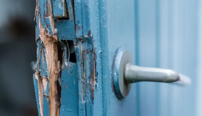 Gros plan sur une serrure de porte bleue forcée ou brisée, montrant les éclats de bois.