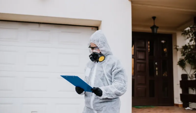 Personne en combinaison de protection et masque à gaz tenant un presse-papiers devant un garage résidentiel.