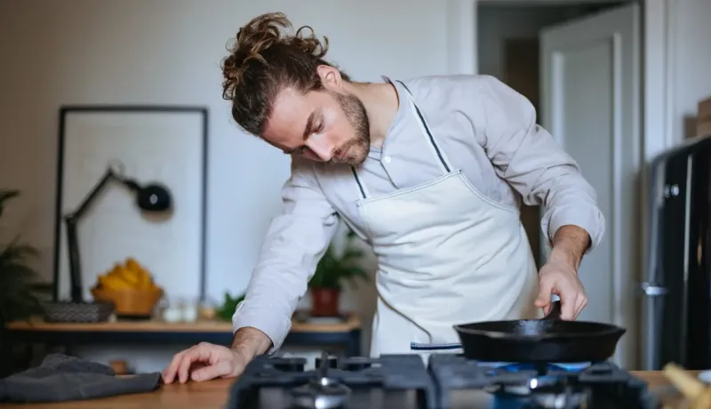 Un homme avec un chignon et un tablier se penche sur une cuisinière à gaz, concentré sur la poêle en fonte qu'il est en train de chauffer.