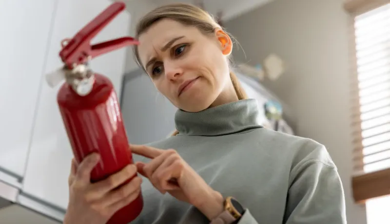 Une femme blonde et perplexe tient un extincteur rouge et lit attentivement les instructions de sécurité incendie.