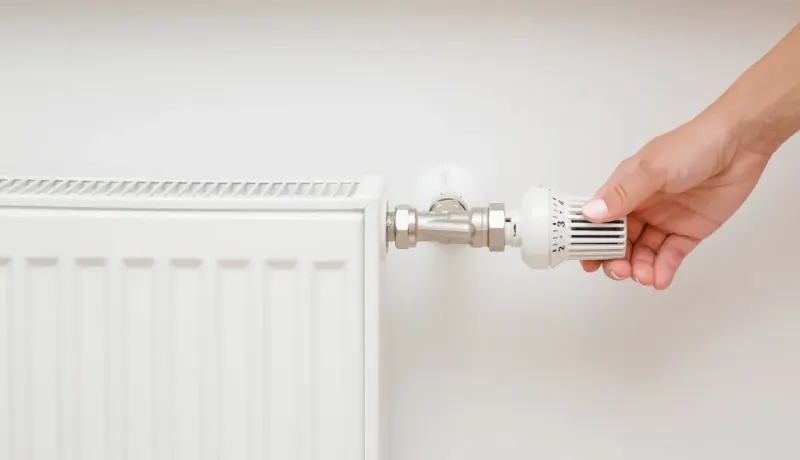 Gros plan sur une main ajustant le thermostat d'un radiateur de chauffage central blanc pour réguler la température ambiante.
