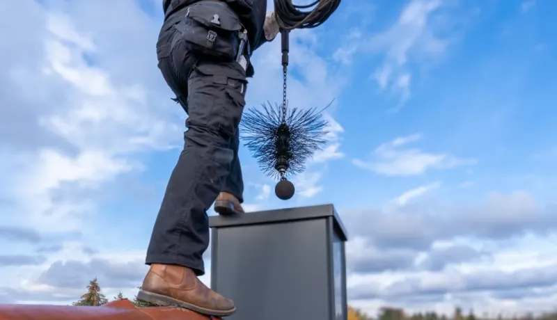 Un ramoneur sur un toit tient la brosse de ramonage au bout d'une chaîne, se préparant à nettoyer une cheminée.