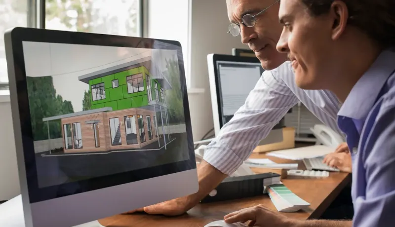 Deux hommes, des architectes ou des designers, examinent le rendu 3D d'une maison moderne sur un écran d'ordinateur de bureau.