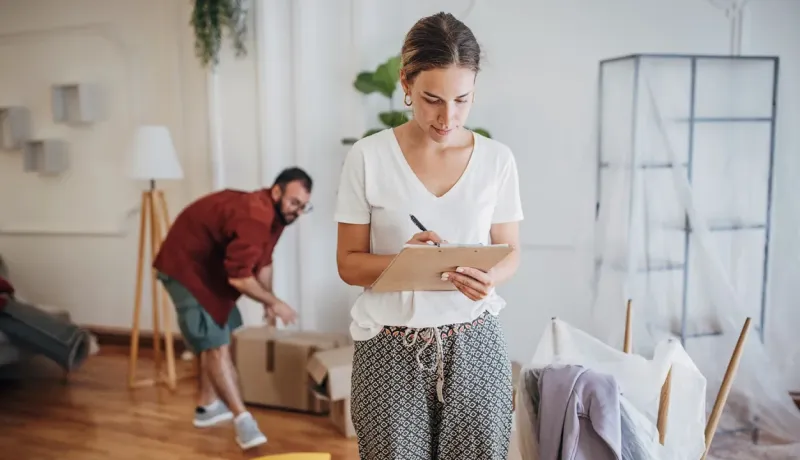Une femme fait l'inventaire sur un presse-papiers pendant qu'un homme déballe des cartons, en vue d'un déménagement ou de travaux.