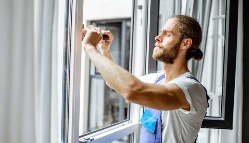 Un ouvrier ou un propriétaire barbu installe ou répare le mécanisme d'une fenêtre moderne en PVC.