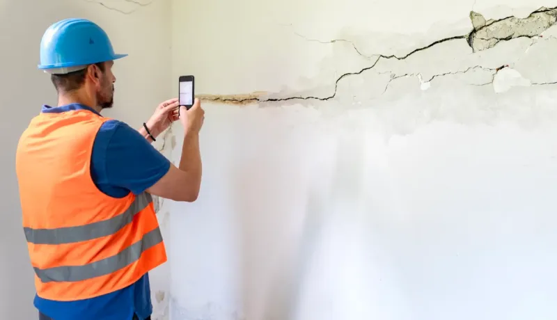 Un ouvrier en gilet orange et casque bleu prend une photo avec son téléphone d'une grande fissure dans un mur intérieur.