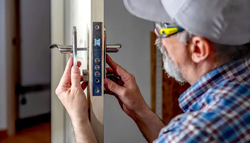 Un serrurier ou un bricoleur barbu répare ou remplace la serrure et la poignée d'une porte intérieure.
