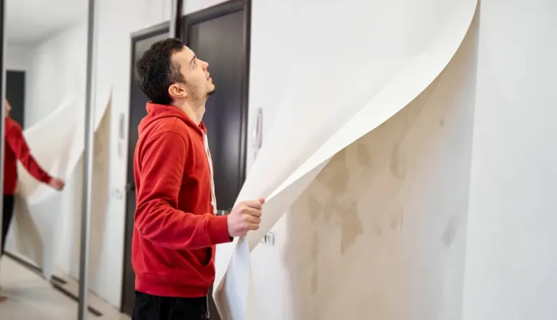 Un homme en pull rouge arrache du papier peint blanc d'un mur dans un couloir d'appartement.