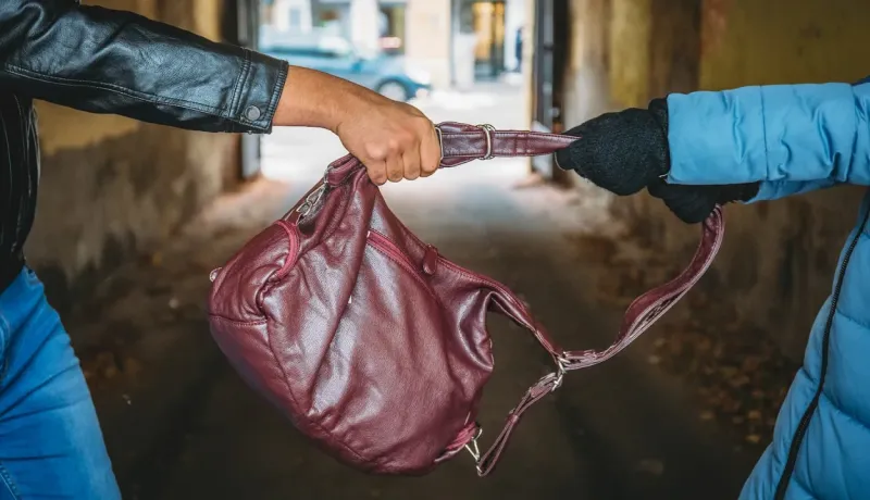 Deux mains, l'une en cuir noir et l'autre gantée, se disputent un sac à main de couleur bordeaux.