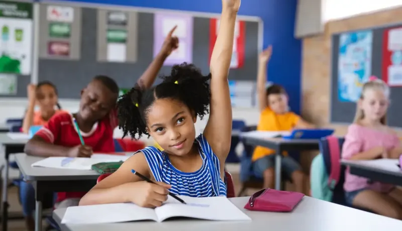En classe, une jeune élève souriante lève la main avec enthousiasme tout en écrivant dans son cahier.