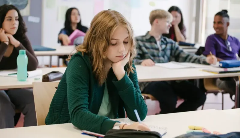 Une étudiante pensive, la tête appuyée sur sa main, semble inquiète pendant un cours en classe.