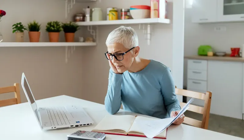 Femme senior à une table, travaillant sur un ordinateur portable avec des papiers éparpillés autour d'elle.