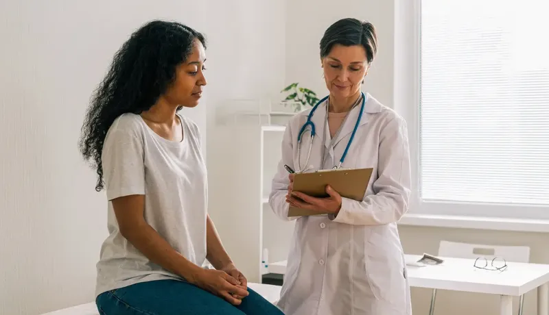 Une médecin en blouse blanche examine une patiente et prend des notes sur un bloc-notes en cabinet médical.