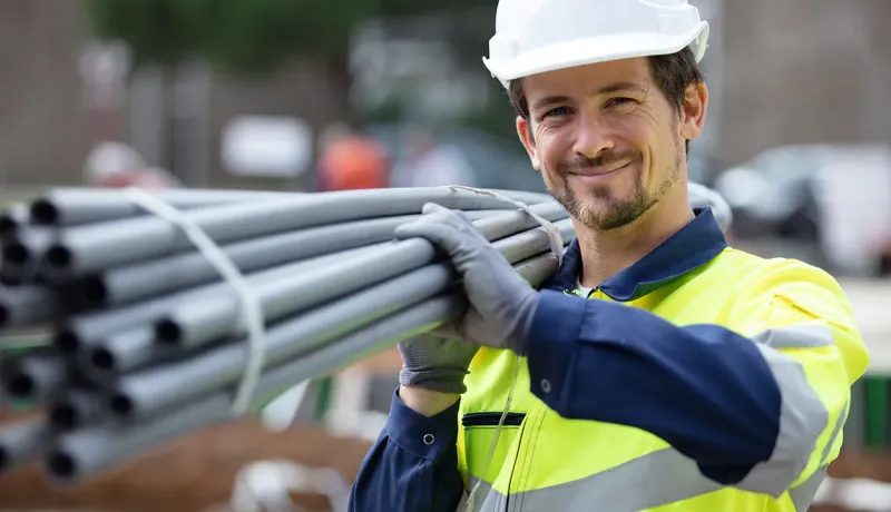 Un homme en casque de sécurité tient une pile de tuyaux sur un chantier de construction