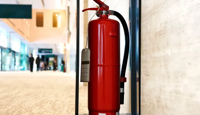 Un extincteur rouge fixé au mur, prêt à être utilisé en cas d'incendie.
