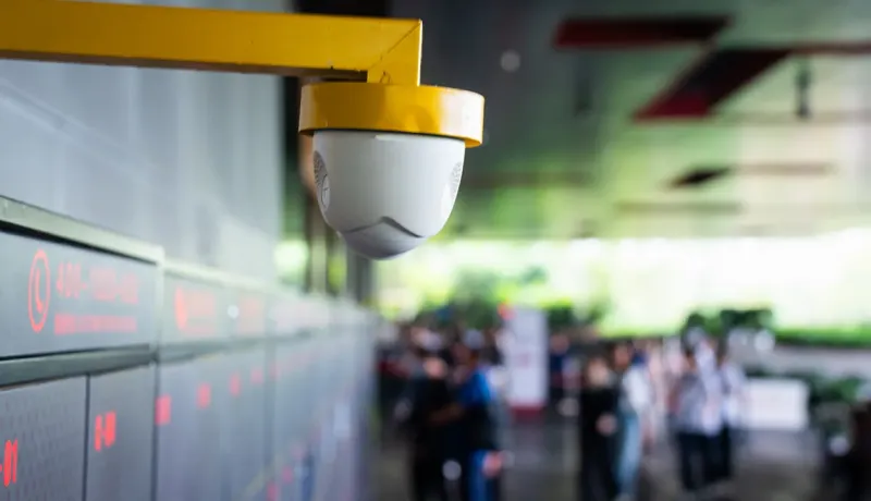 Caméra de sécurité fixée sur un mur à l'intérieur d'un bâtiment, surveillant l'environnement.