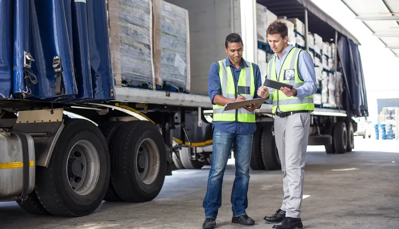 Équipe logistique devant un camion de transport
