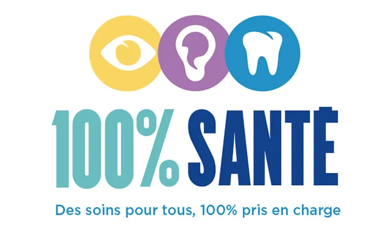 Logo 100% Santé avec trois icônes (œil, oreille, dent) et le slogan : Des soins pour tous, 100% pris en charge.